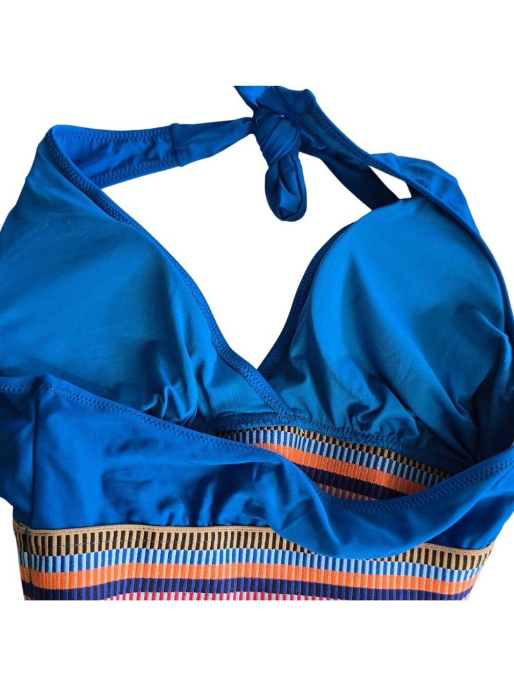 Deep V‑Neck Halter Bikini Top Medium Teal Blue Striped Band Pull‑On Lined - Picture 3 of 5